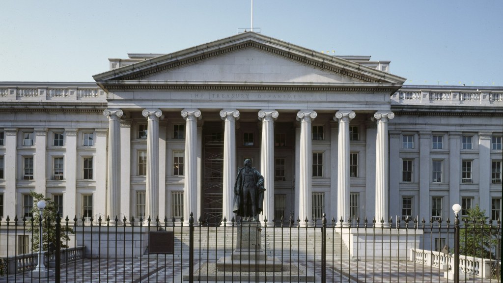 The columned facade of the U.S. Treasury Department building in Washington, D.C.