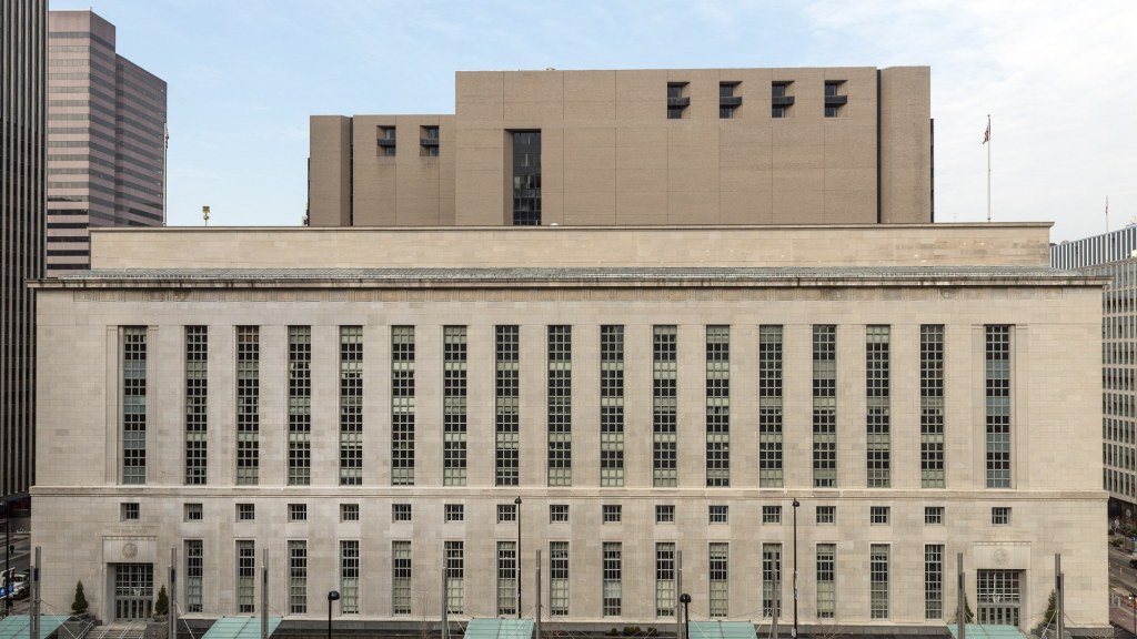 The stone facade of the Potter Stewart federal courthouse in downtown Cincinnati.